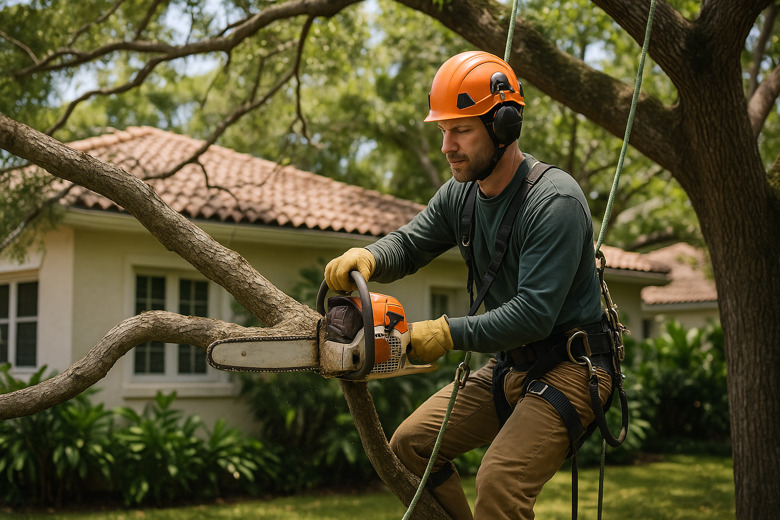 Editorial illustration depicting remove dead tree branches gables estates hurricane